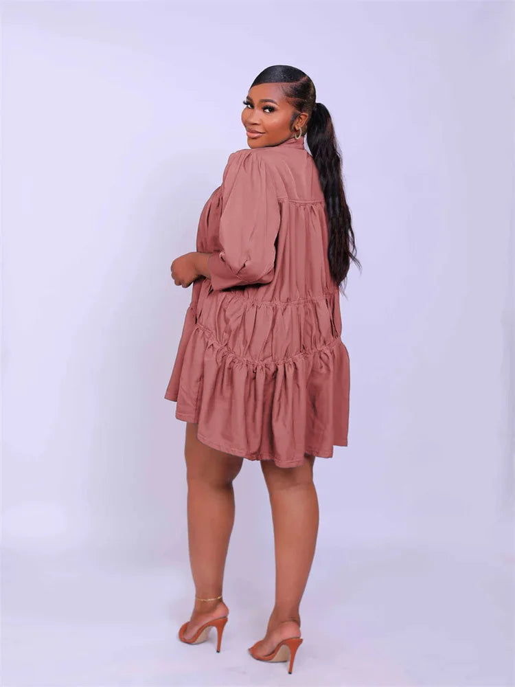 Wmstar Elegant Women Summer Solid Color Short Dress Fashion Long Sleeve High Neck High Waist Clothes Party Casual Mini Dresses