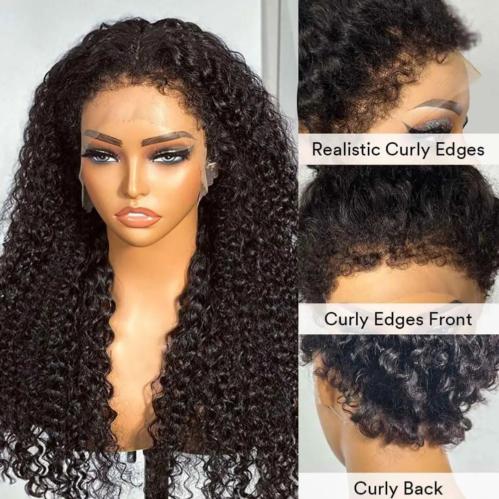 Deep Curly 360 Lace Front Wigs Human Hair With 4C Kinky Curly Edges 180% Density Glueless Pre Plucked Bleached Knots For Women
