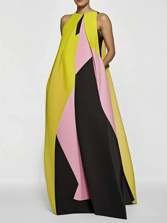 UOOZEE Women's Fashion Color-Block Printed Party Evening Maxi Dresses 2025 New Summer Sleeveless Vacation Pleated A-line Dress