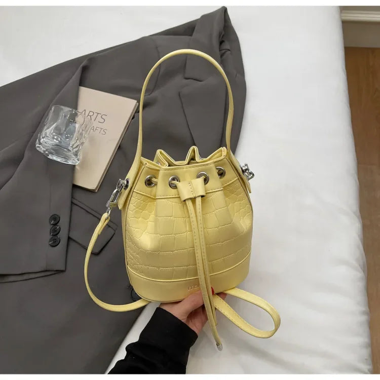 2025 New Trendy Women's Drawstring Tote Bag - Vintage Stone Texture Crossbody Satchel with Retro Minimalist Design