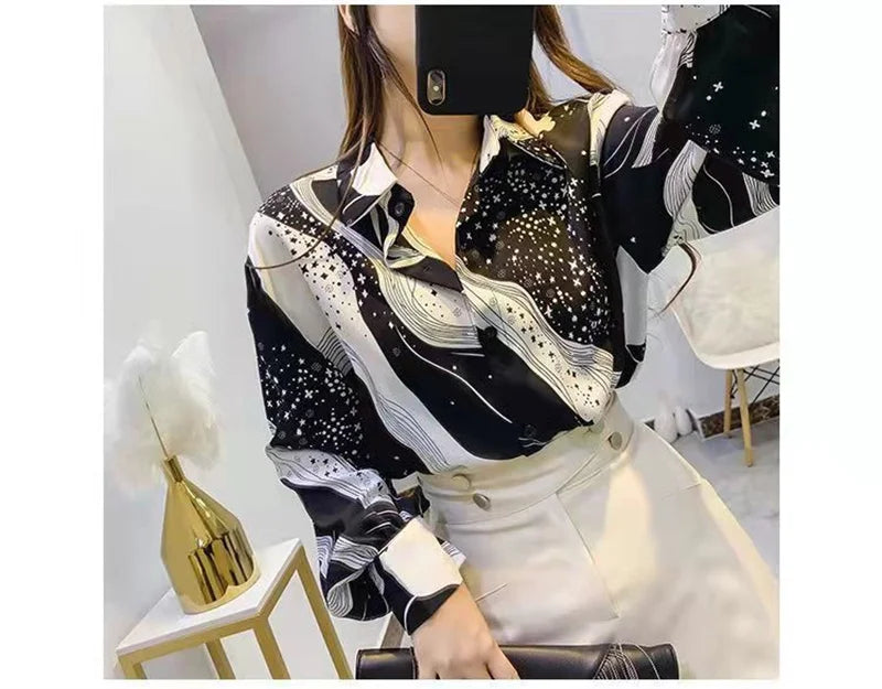 Shirt Women's Design Sense Niche Long-Sleeved Blousers 2025 Spring And Autumn Korean Retro Buttton Chiffon Shirt Top Printed 102