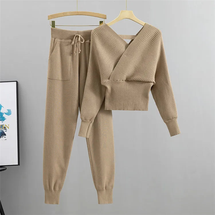 2 Piece Sets Women Knitting Outfits V Neck Pullover Sweater Pockets Drawstring Pencil Pants Slim Fit Suit Casual Knit Ensemble