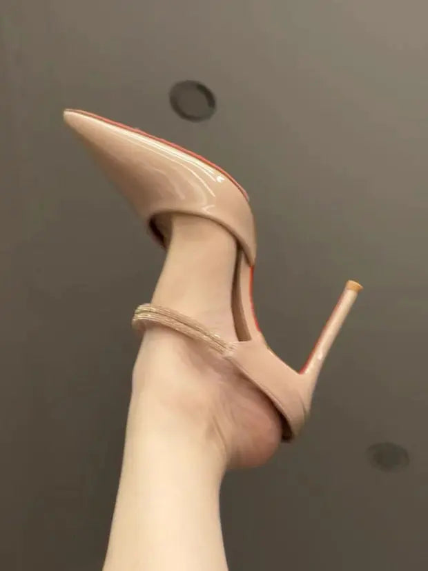 Patent Leather Pointed Toe Rhinestone Stiletto Ankle Strap Sandal For Women