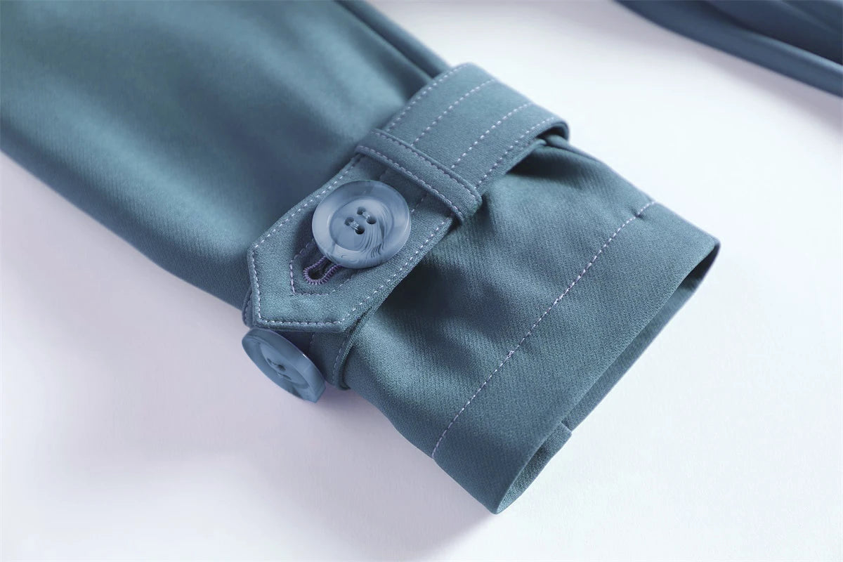 Ladies New 2023 Spring High-End Commuter Blue Trench Coat for Women Fashion Stitching Pleated Hem Loose Elegant Long Trench