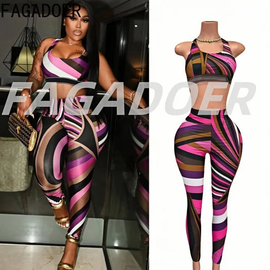 FAGADOER Summer New Fashion 2 Pieces Set for Woman Colorful Print Halter Sleeveless Tops + Leggings Pants Female Midnight Outfit