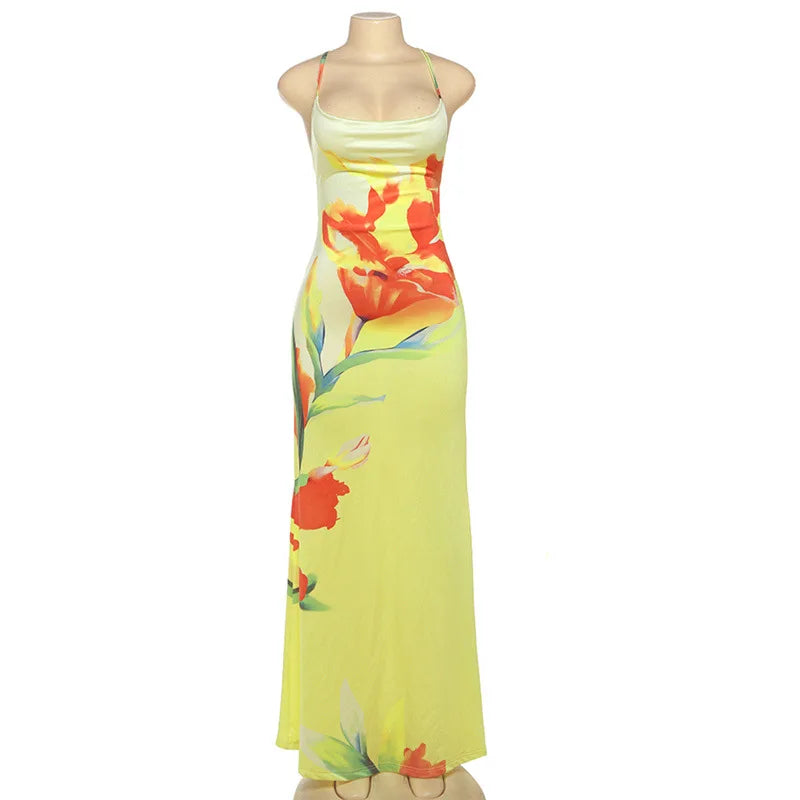 GLCMYAYA Women Floral Printed Bodycon Midi Backless Satin Maxi Long Dress 2025 Vacation Holiday Party Birthday Dresses Vestidos