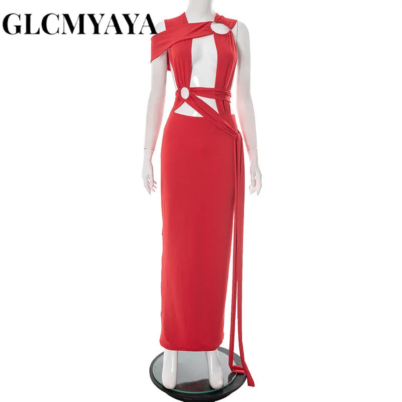 GLCMYAYA Women Sleeveless Roll Splicing Cutout Bodycon Midi Maxi Long Dress 2025 Summer Vacation Holiday Sexy Club Party Dresses