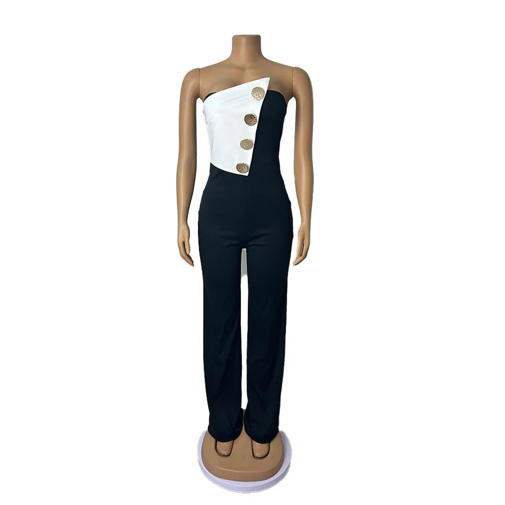 CM.YAYA Elegant Button Strapless Sleeveless Irregular Girl Jumpsuits 2025 Spring Women's Overalls Outfits Night Club One Piece