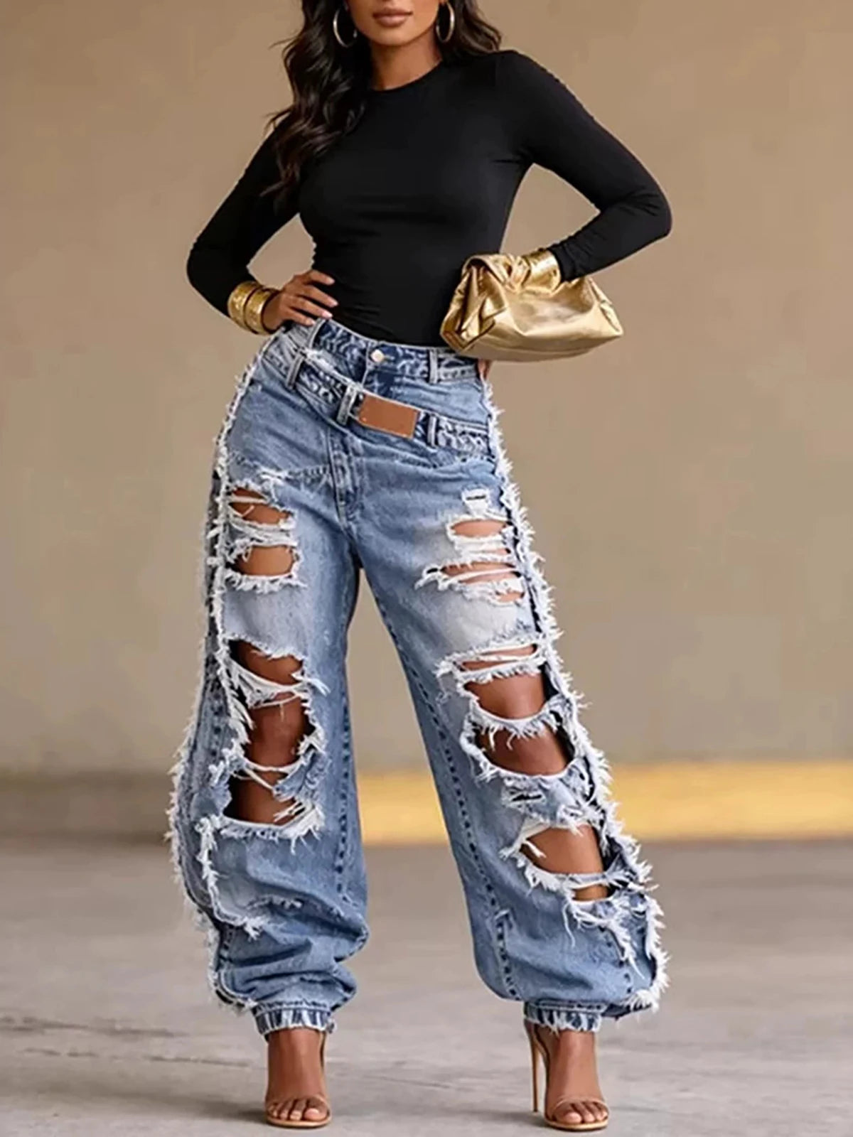 Heavy Ripped Wide Leg Distressed Denim Jeans for Women