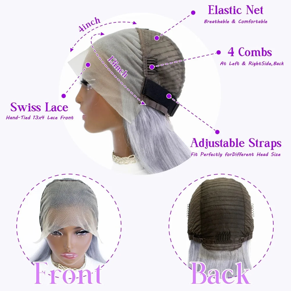 Silver Grey Straight Bob Human Hair Wigs Gray 13x4 Transparent Lace Front Short Bob Short Wigs Human Hair For Women Preplucked
