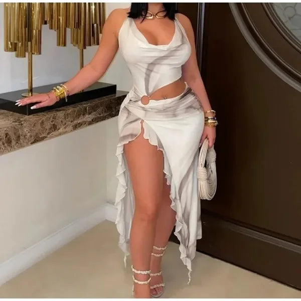 Sexy Evening Dress for Women Sleeveless Pile Collar Halter Print Ruffles Split Long Skirt Party Birthday Dresses New Summer 2025