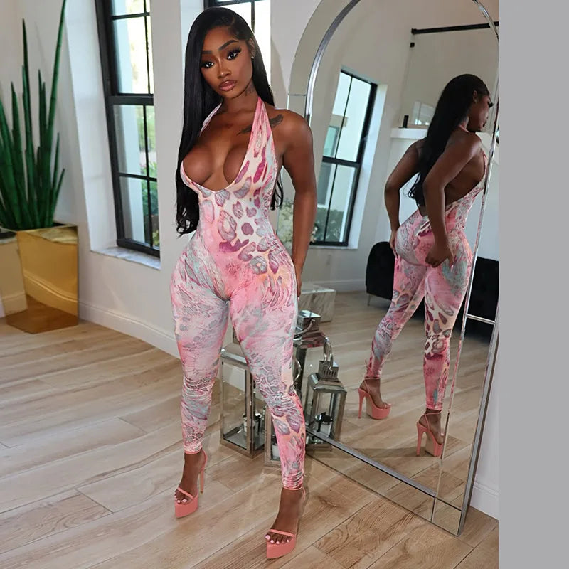 FAGADOER Sexy Leopard Print Bodycon Jumpsuits Women Halter Sleeveless Backless One Piece Rompers Female Streetwear Overalls New