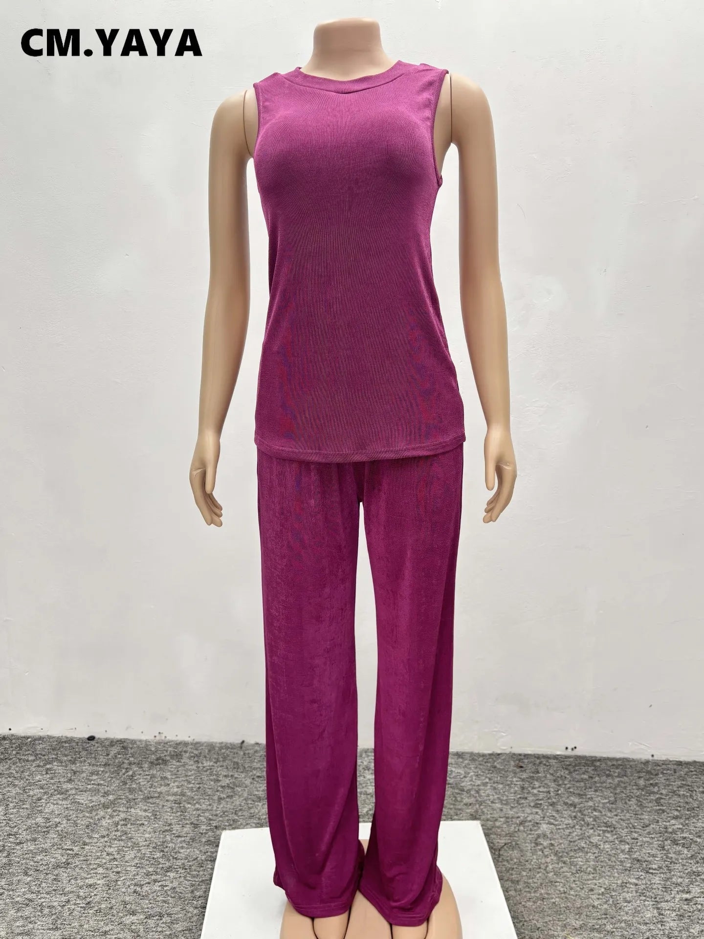CM.YAYA Fashion Pleated Draped Women Set Sleeveless Tops + Wide Leg Pants 2025 Summer Two 2 Piece Sets Africa Outfits Tracksuit