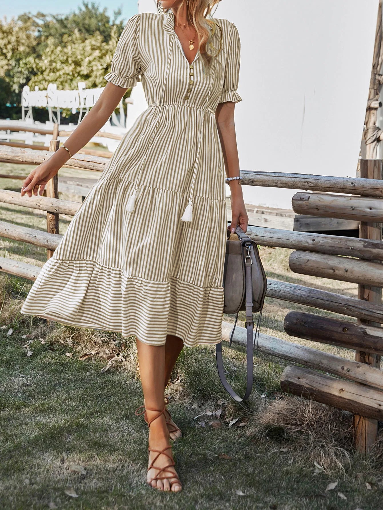 Summer Women's Striped Short Sleeve V-Neck Elastic Waist Dress