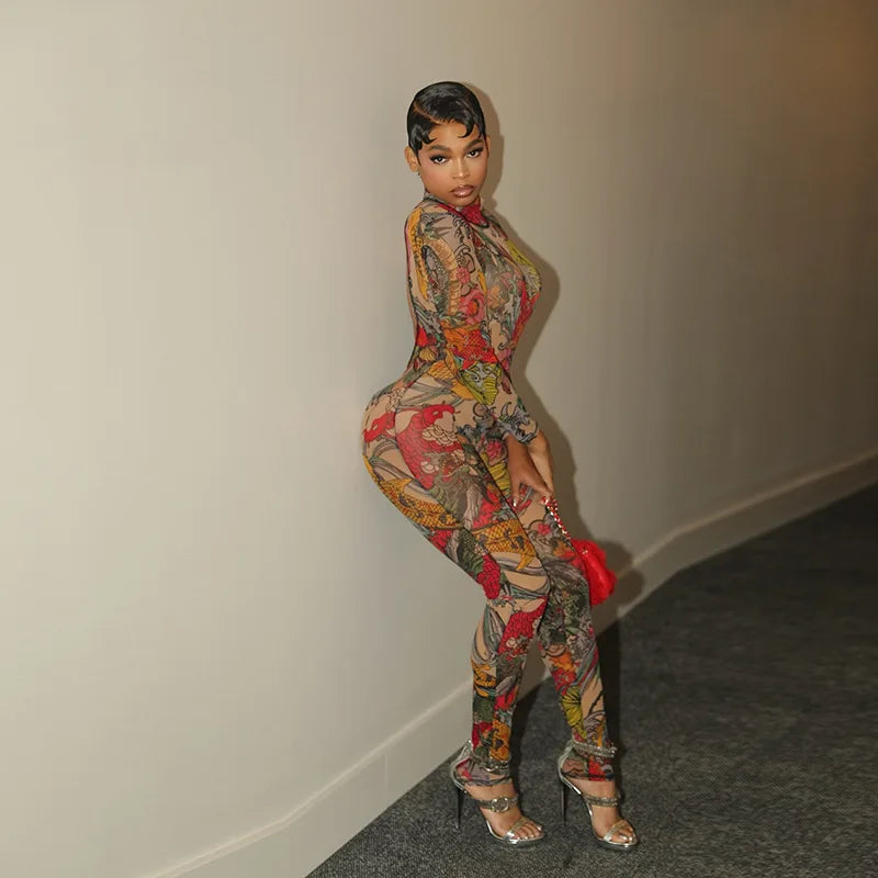 Joskaa Colorful Print Mesh Backless Jumpsuit Women Sexy See Through Full Sleeve Skinny Overalls 2025 Coquette Midnight Clubwear