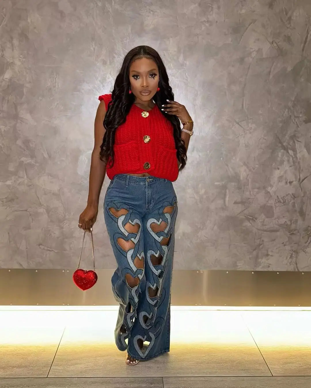 CM.YAYA Women Vintage Cutout Love Hollow Out Cross Straight Denim Pants 2025 Fall Fashion INS High Waist Wide Leg Jeans Trousers