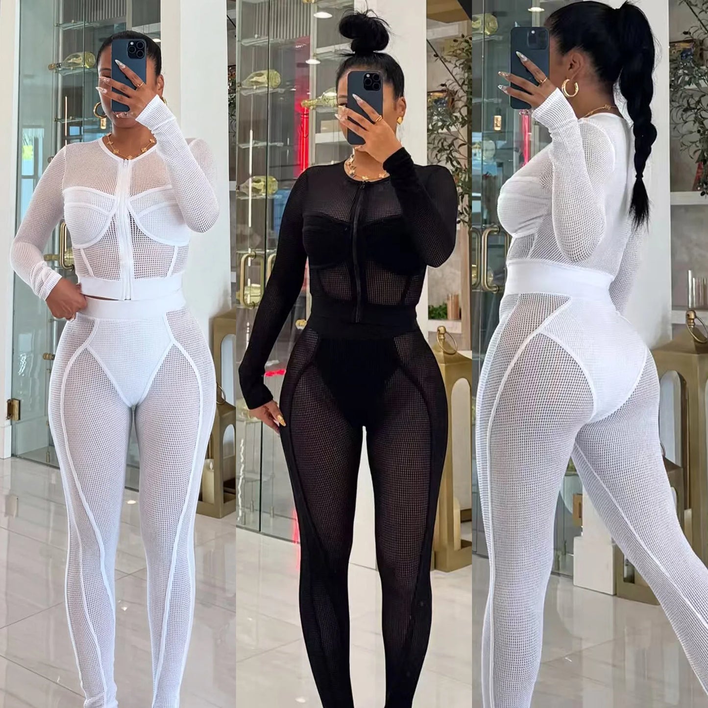 FAGADOER Sexy Hollow Out Bodycon 2 Pieces Set for Woman Mesh See Through Long Sleeves Tops + Leggings Matching Female Streetwear