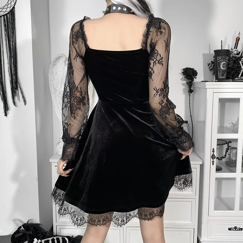 Y2K Hollow Cuffs Strapless Sexy Gothic Lace Dress Dark Style Pleated Knee-length Skirt Women‘s Slim Fit Fashion Women's Clothing