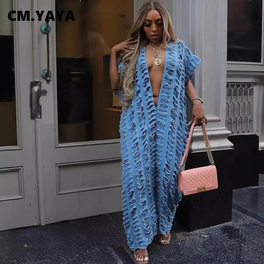 CM.YAYA Women Cutout Hollow Out Deep V-neck Loose Straight Wide Leg Denim Jumpsuit Jeans 2024 Sexy Street  One Piece Suit Romper