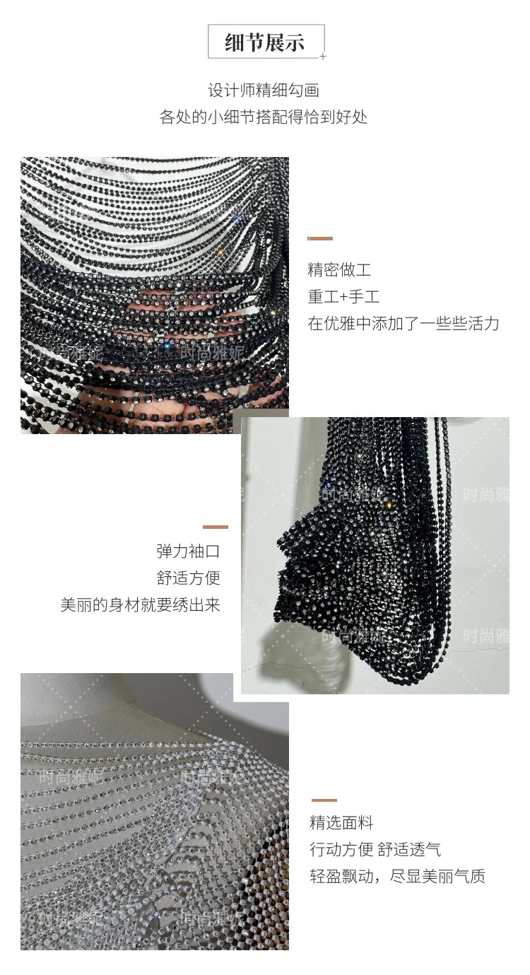 Fashion Heavy Diamond Shawl Bust Long Sleeve Top Sexy Girl Evening Dress V-Neck Slim Hip Wrap Tassel Suspender Dress 2-piece Set
