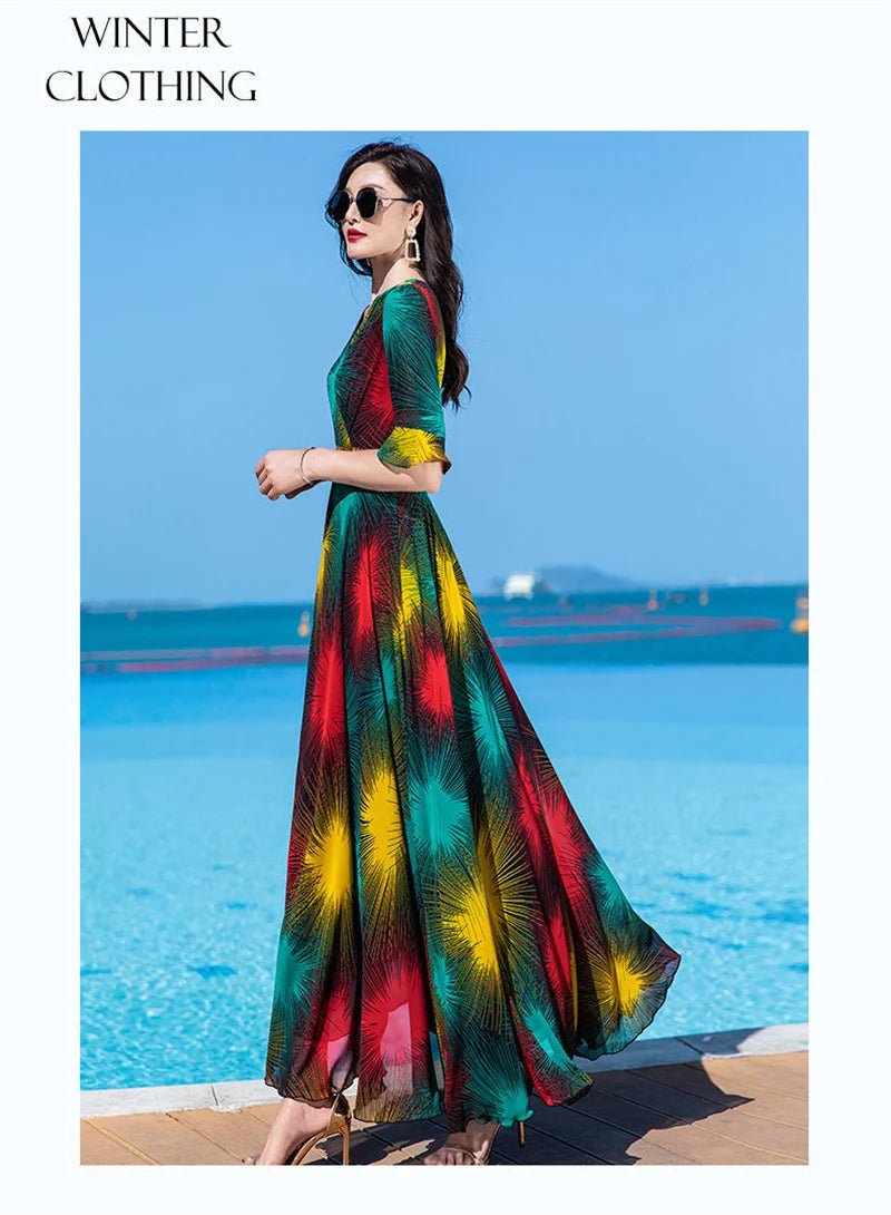 Floral Dress 4XL Women's 2025 Summer Chiffon V-Neck Dress High end Style Celebrity Splice A-line Skirt for Women Elegant Mujer