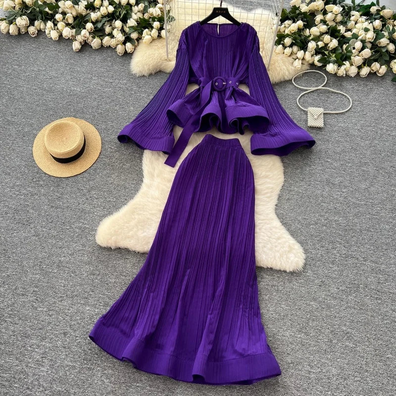 Elegant Pleated Flare Sleeve Two Piece Skirt Set for Women