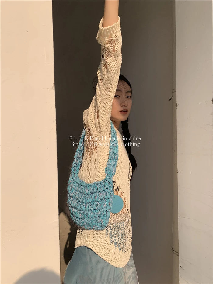 Karrram Gothic Hollow Out Sweater Hole See Through Oversized Knitted Pullovers Emo Streetwear Grunge Clothes Y2k Tops Spring