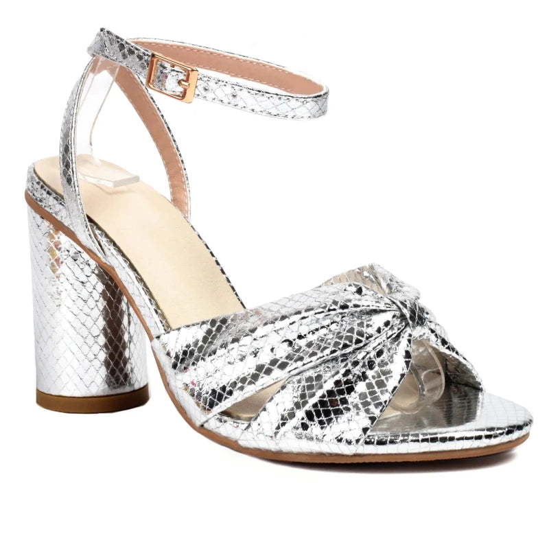 Metallic Block Heel Ankle Strap Sandals