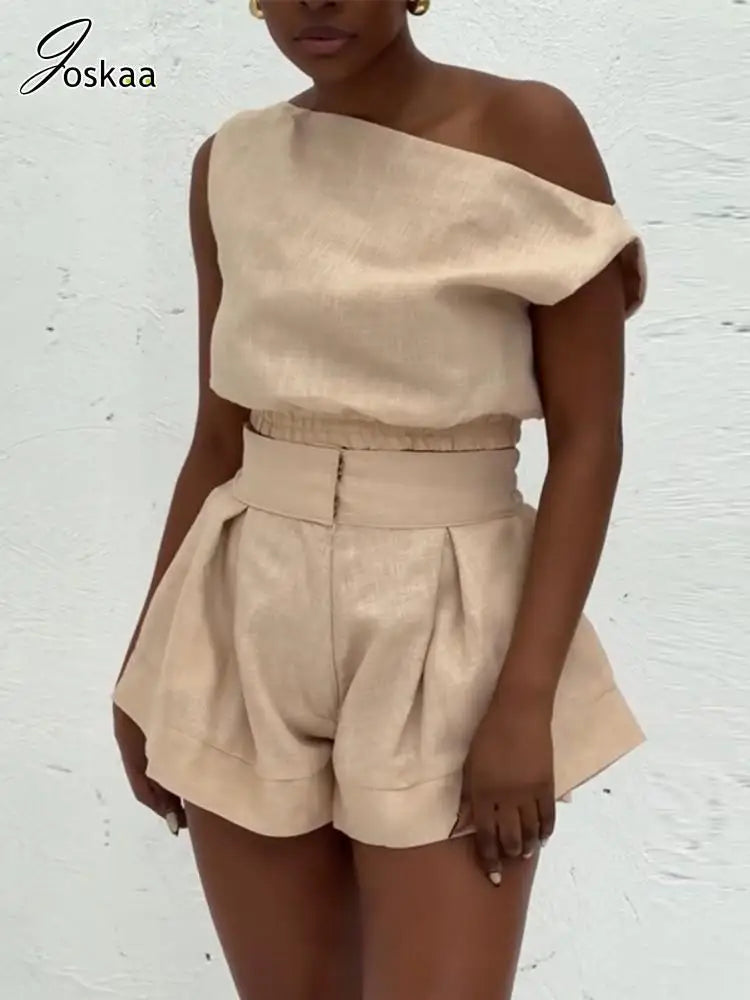 Joskaa Casual 2 Piece Sets Women Off Shoulder Sleeveless Shirt Tops and High Waist Wide Leg Shorts Matching 2025 Streetwear
