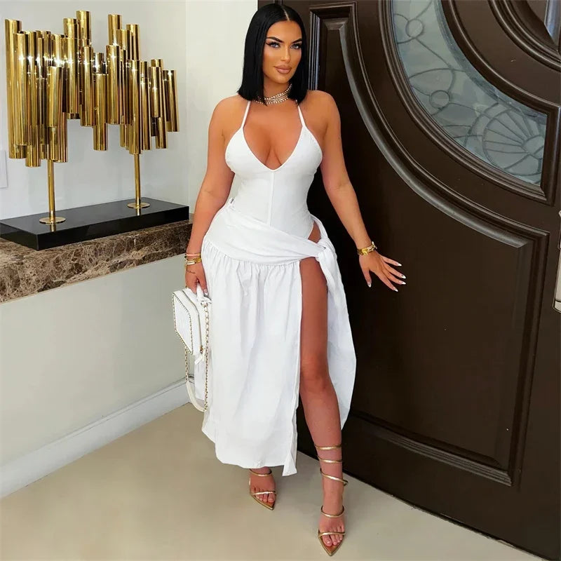 Halter Backless Bodysuit Top and Lace-Up Skirt Two-Piece Set for Women