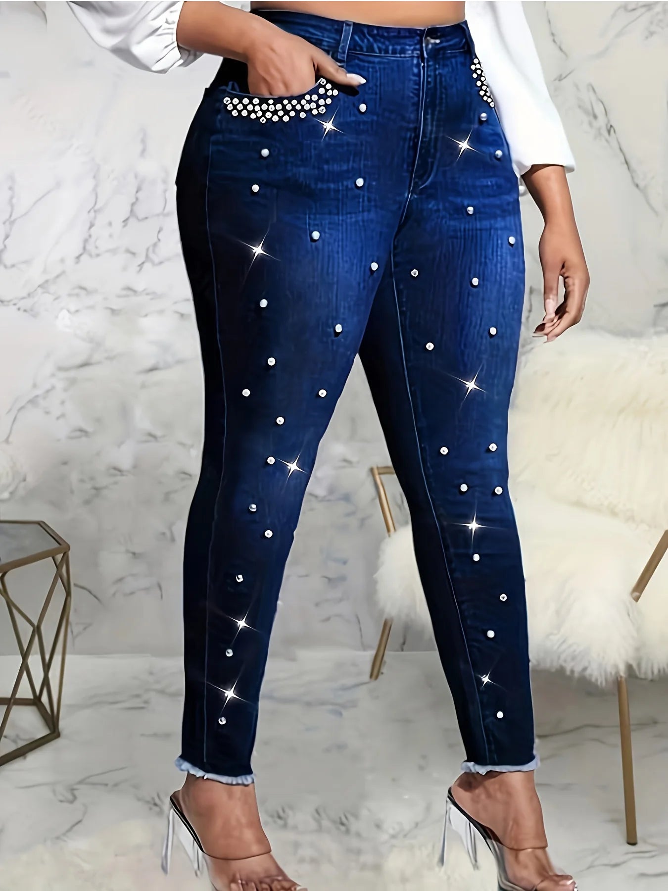 Mid-waist fashionable sequin and diamond embroidered with deep blue denim pencil pants, ladies' skinny jeans, suitable for all s