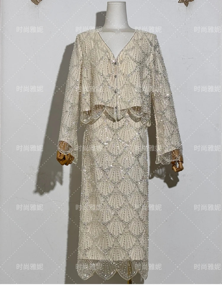 Fashion New Fashion Long-sleeved Sequined Pearl Bead Cardigan Women's Top High-waisted Skirt 2-piece 2025 Spring New Skirt Sets