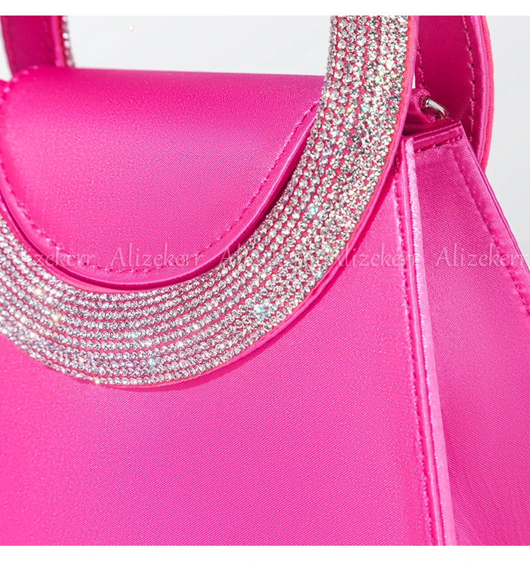 Bling Rhinestone Satin Handbags Women 2023 Elegant Boutique Round Crystal Handle Trapezoid Evening Clutch Purses Wedding Party