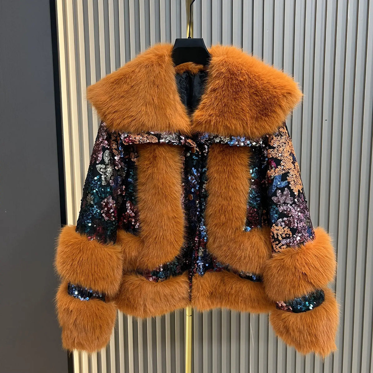 Purple Sequined Faux Fur Coat