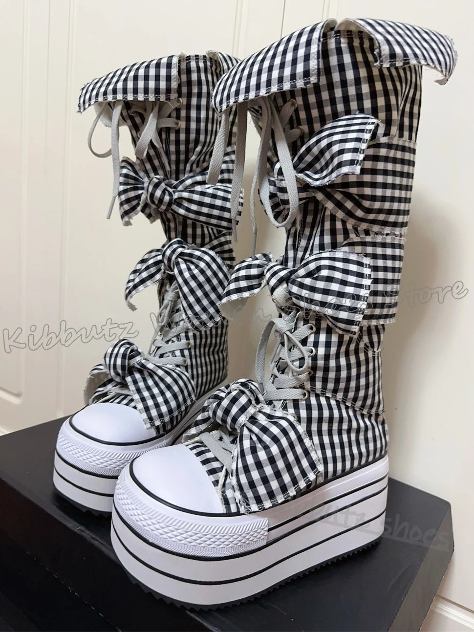 Checkered Canvas Boots Knee High Platform Lace-Up Mixed Color Fashion Elegant Luxury Novelty Women Shoes Round Toe Thick Bottom