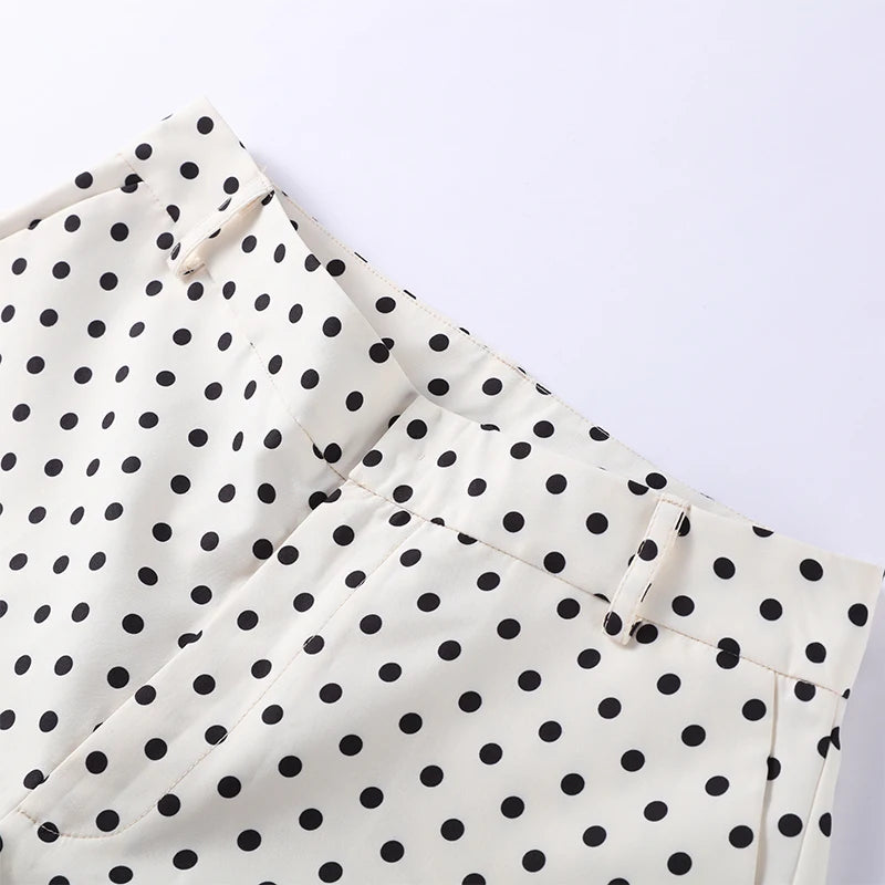 Loose Polka Dot Zipper Women's Shorts Set Stand Collar Patchwork Full Sleeve Pockets Jacket Tie Up Short Pant Suit Summer Outfit