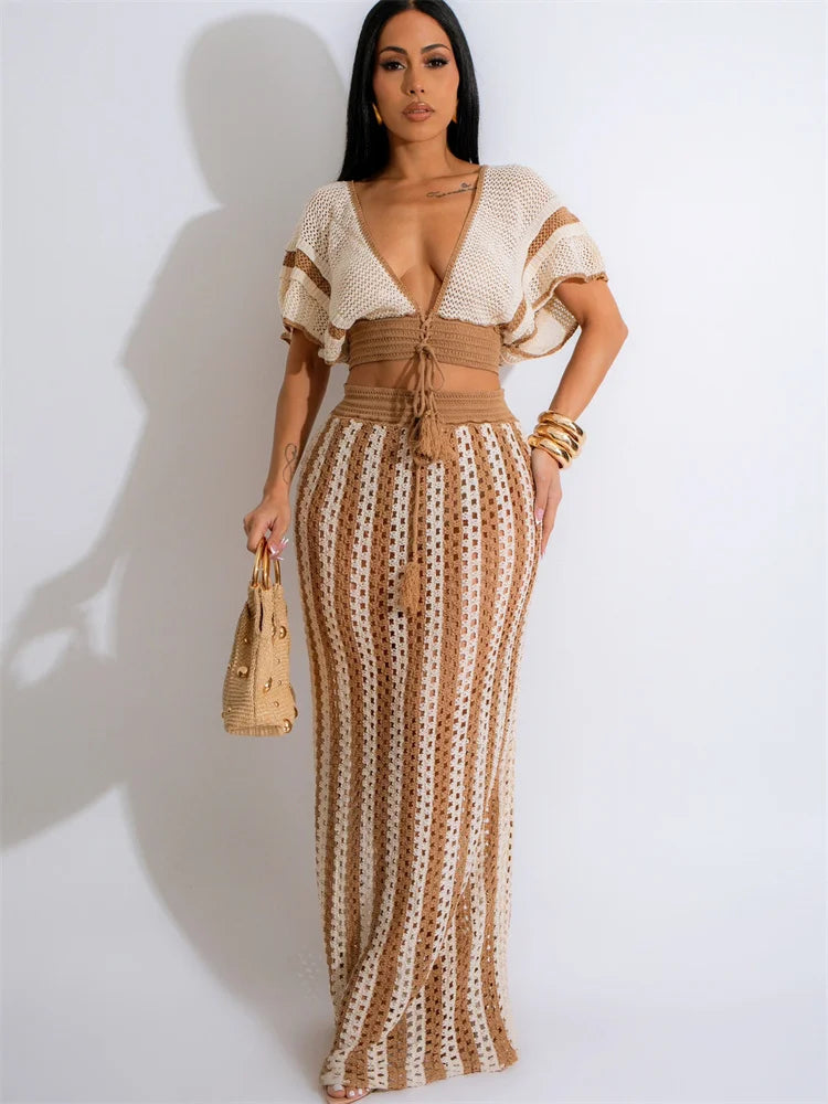 Wmstar Women Two Piece Set Sexy Elegant Knitted Crochet Beach Stripe Crop Tops Long Skirts Matching Set Holiday Birthday Outfits