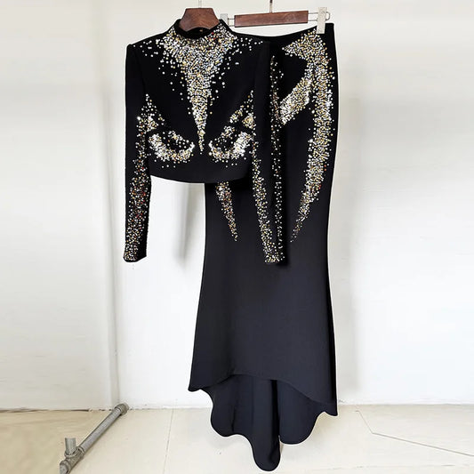 Luxury Sequin 2 Piece Set Women Long Sleeve Jacket Coat Mermaid Fishtail Maxi Skirts Suit 2pcs Outfits Formal Evening Dresses