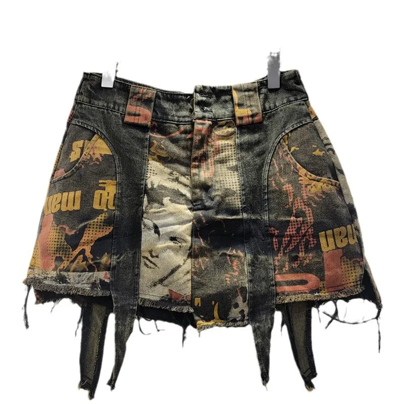 YEAE lady personality trendy cool print old denim skirt foreign style fashion irregular anti-light A word skirt