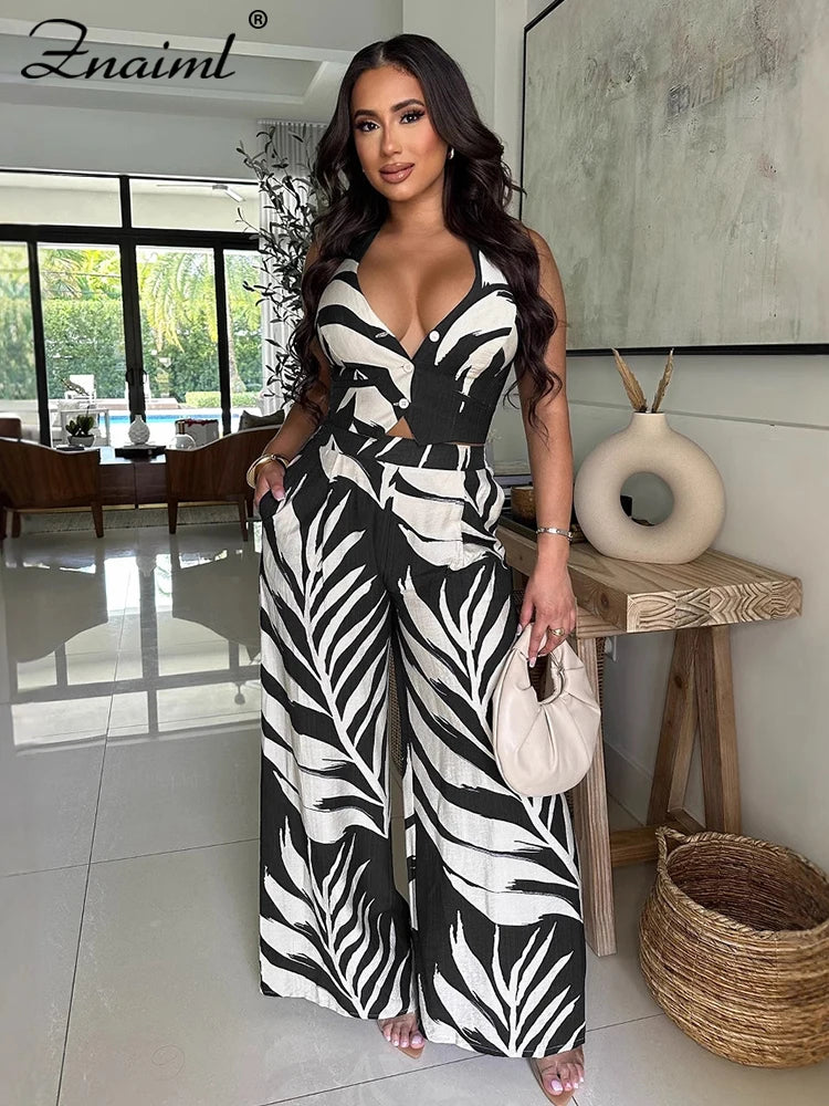 Znaiml Sexy Boho Leaf Printed Wide Leg Pants Sets for Women Halter Sleeveless Crop Tops and Trousers Two 2 Piece Vacation Outfit