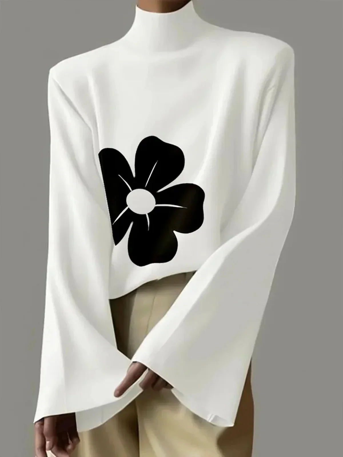2024 New Spring Fashion Flower Printed High Neck Flared Sleeves Tops Korean Casual White T-Shirts For Women