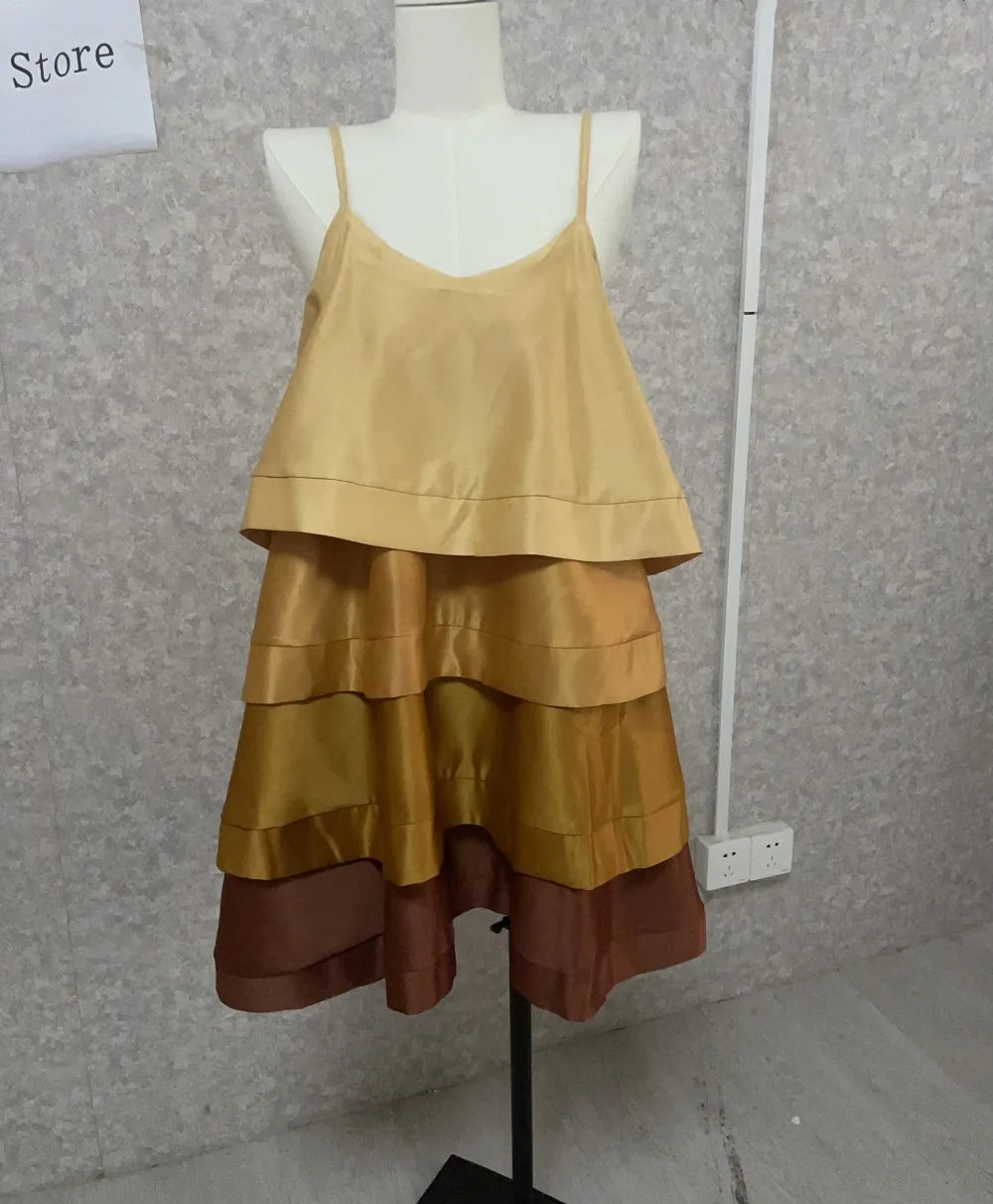 CM.YAYA Women Spaghetti Strap Tierred Big Swing Sleeveless Ball Gown Mini Dress 2023 Vintage Party Evening High Street Dresses