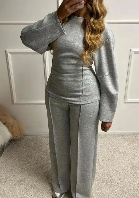Autumn Casual Loose 2-Piece Set of Solid Color Round Neck Pit Stripe Spliced Top and High Waisted Straight Leg Pants Set