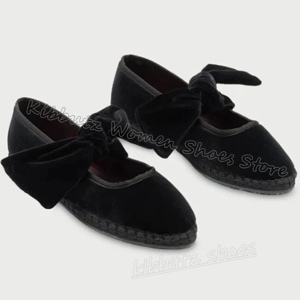 Velvet Bows Pumps Knots Solid Color Slip-On Round Toe Flat with Novelty Fashion Luxury Elegant Comfortable Sexy Women Shoes New