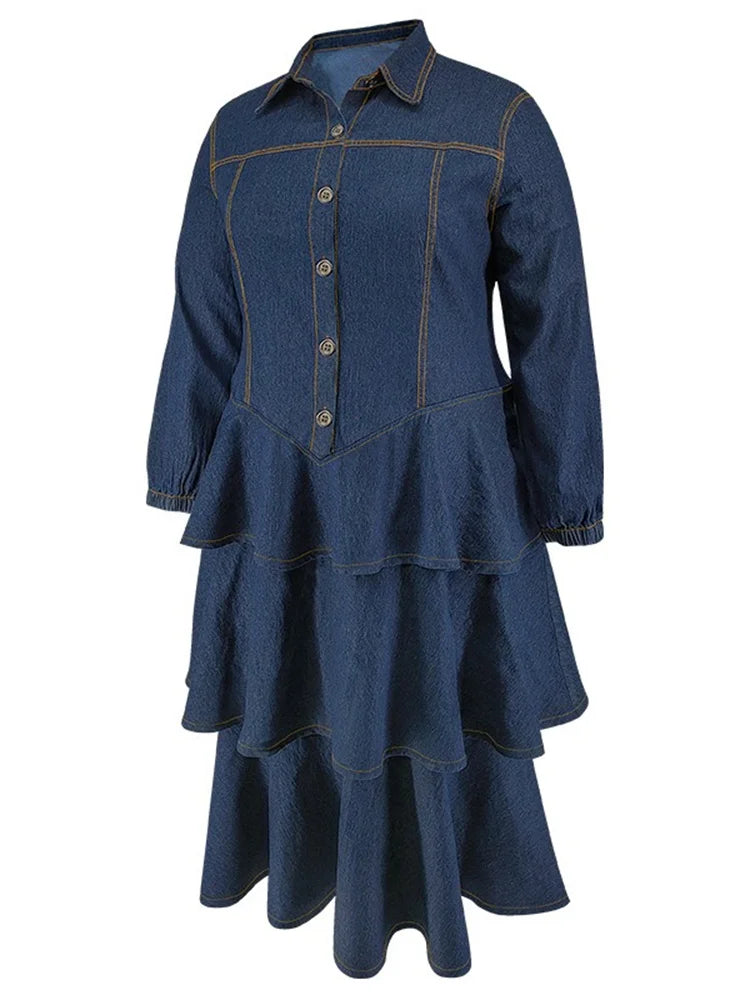Wmstar Plus Size Denim Dresses for Women Button Solid Fashion Elegant Maxi Long Dress Fall Winter Clothes Wholesale Dropshipping