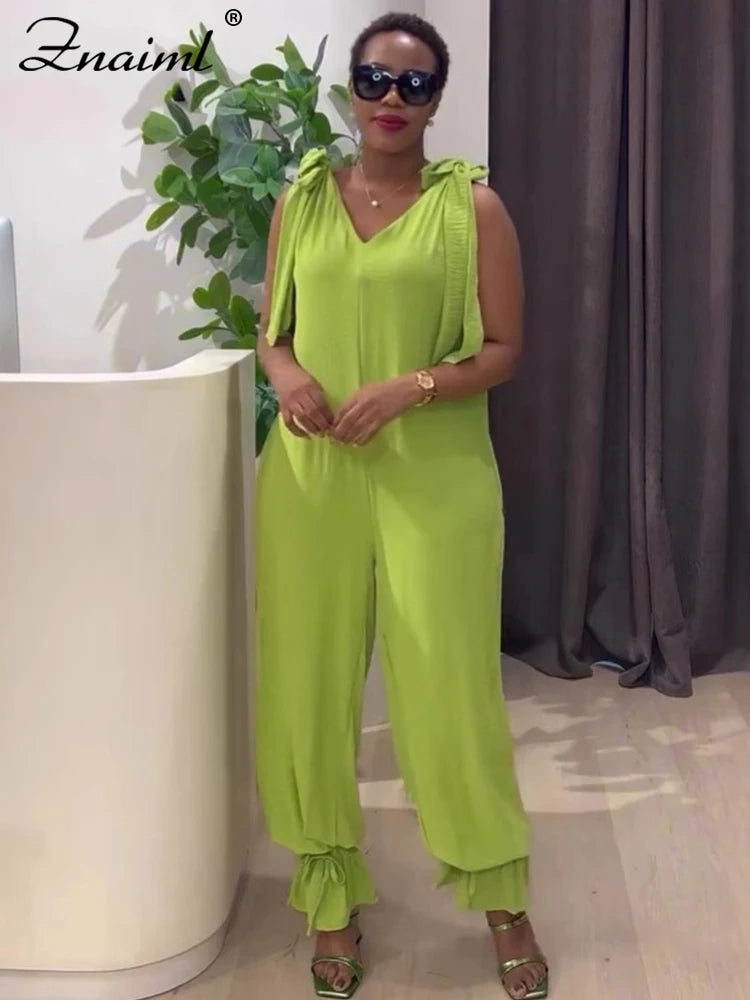 Znaiml Casual Lace-up Bandage Jumpsuit Green Loose Wide Leg Jogger Pants Women V-Neck Sleeveless New In One Pieces Rompers 2025
