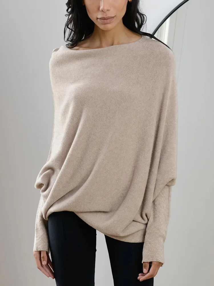 Women's Ribbed Knit Jumper Set Casual Bat Sleeve round Neck Simple Versatile Autumn Winter Knitwear 2024 New Headwear Included
