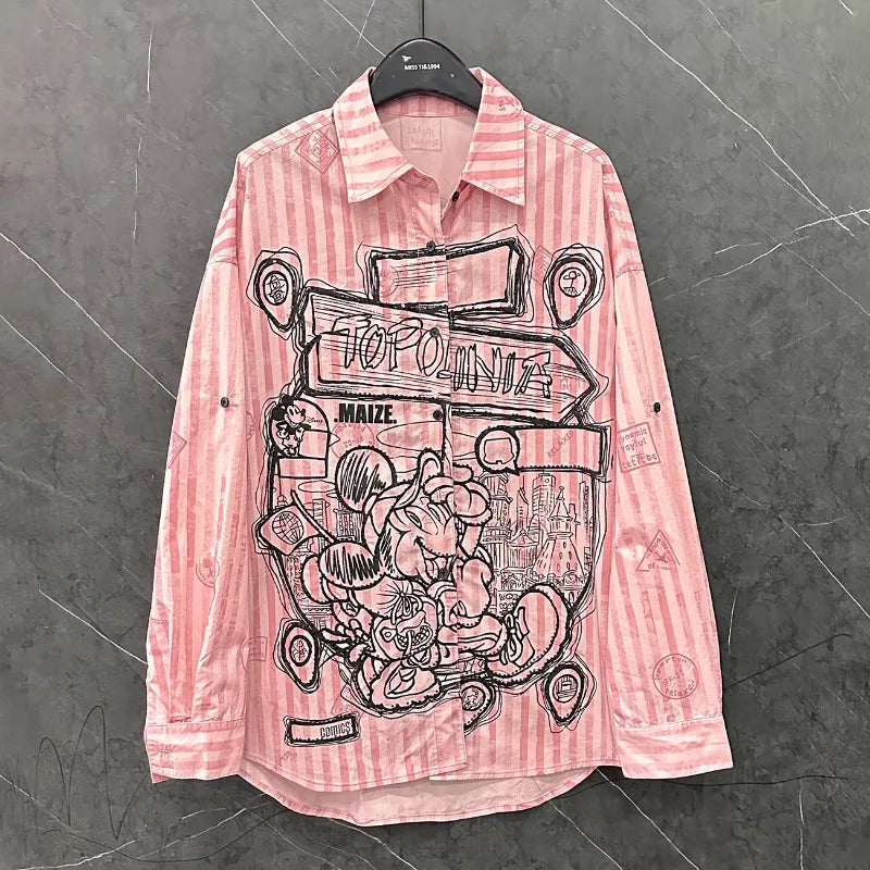 Spring and Summer New Cartoon Design Striped Long-sleeved Shirt Women's Loose Sweet College Style Long Pink Top Single Breasted