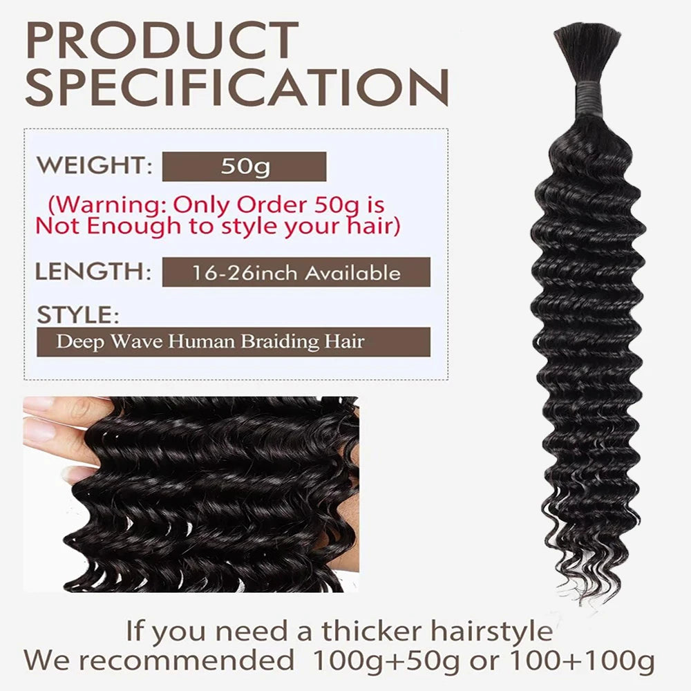 Human Braiding Hair Chocolate Brown 100g Deep Wave Bulk No Weft Human Hair Wigs Bundles for Curly Boho Braiding