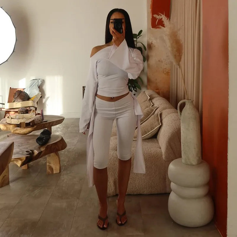 Slash Neck Two Piece Crop Top And Capri Pants Set for Women